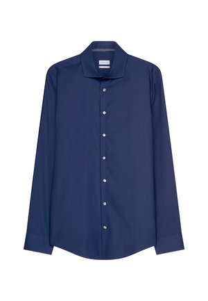 Chemise à manches longues bleu marine en tissu lisse avec un col classique, fermeture avant à boutons et ourlet arrondi. Détails subtils aux poignets.