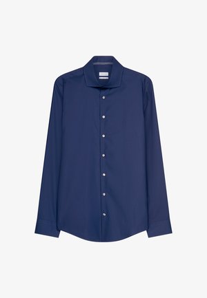 Navyblauwe langemouwen shirt van gladde stof met een klassieke kraag, voor knoopsluiting en een ronde zoom. Subtiele details op de manchetten.