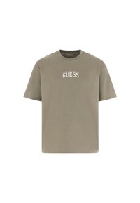 Khaki bavlněné tričko s krátkým rukávem, kulatým výstřihem a bílým logem "GUESS" vytištěným vepředu. Hladká textura a klasický střih.