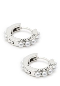 Orecchini a cerchio in argento con un design curvo, caratterizzati da piccole perle bianche lungo il bordo e il testo impresso "ALLSAINTS".