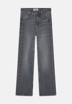 Tamsiai pilki džinsai su tiesių kojų dizainu, puošti širdelės formos akcentais šonuose. Subtilus nudilimas ir klasikinis penkių kišenių stilius.