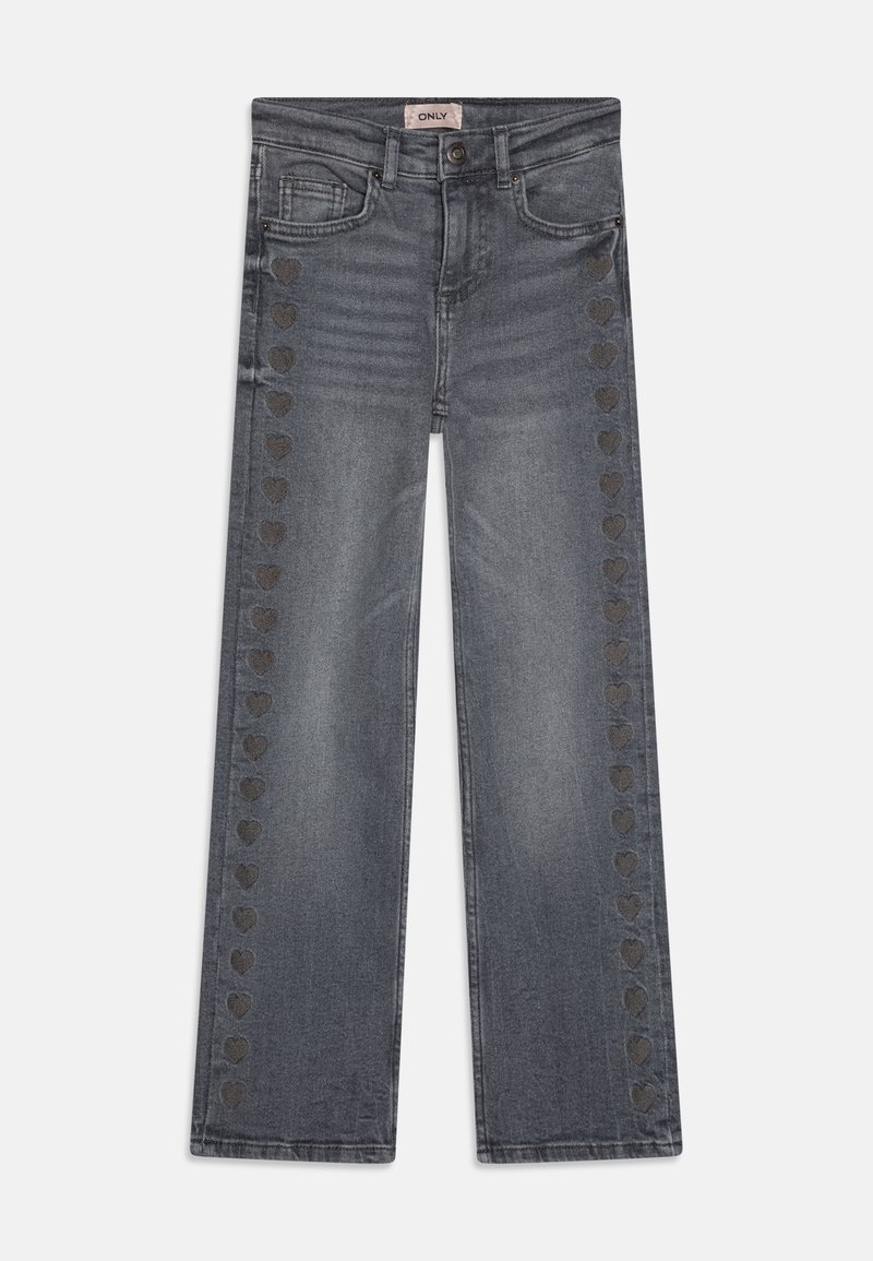 Mörkgrå denimjeans med rak bendesign, prydda med hjärtformade detaljer längs sidan. Subtil blekning och klassisk femficksstil.