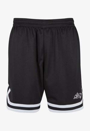 Černé síťované sportovní šortky s elastickým pasem, bílým pruhem na okraji a logem na spodní straně.