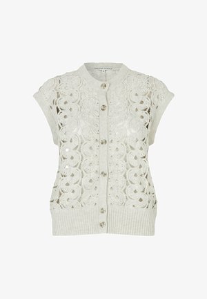 Cardigán z čipkovaného úpletu v off-white farbe s krátkymi rukávmi, rebrovaným lemom, zapínaním na gombíky a kruhovým vzorom po celom povrchu.