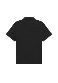 Camisa preta de manga curta com um padrão texturizado em relevo. Design com gola e detalhes integrados em todo o tecido.