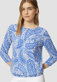 Blauw en wit gestreepte longsleeve top met een ronde halslijn en een ontspannen fit, met abstracte ontwerpen en een gladde stofstructuur.