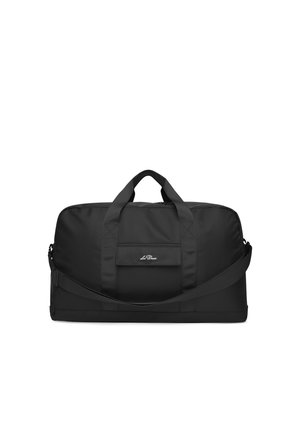 Black duffel bag made of durable fabric, featuring two top handles, a detachable shoulder strap, and a front pocket with branding.