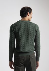 Jersey de punto verde con cuello redondo y dobladillo acanalado, que presenta patrones texturizados. Usado con pantalones oscuros, visto desde la espalda.