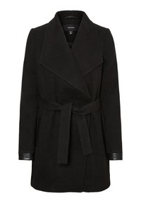 Schwarzer Wickelmantel für Frauen mit breiten Revers, Stoffgürtel in der Taille, seitlichen Taschen und Lederbesatz an den Ärmelsäumen.