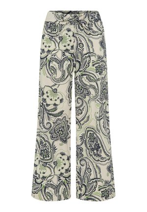 Weit geschnittene cremefarbene Hose mit schwarzem und grünem Blumen-Paisley-Muster und Kordelzug in der Taille.