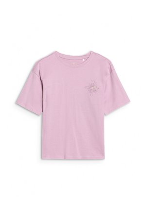 Fioletowy t-shirt z krótkim rękawem i okrągłym dekoltem, z małą spiralną grafiką i napisem „Snowflow” po lewej stronie na piersi.