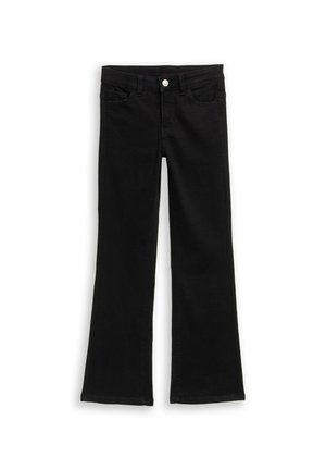 Jean noir à jambes évasées avec bouton avant et poches, présenté à plat sur fond blanc.