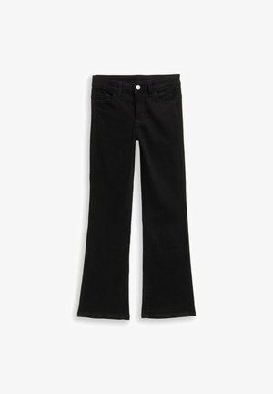 Czarne dzwony dżinsowe z przodem na guziki i kieszeniami, pokazane na płasko na białym tle.