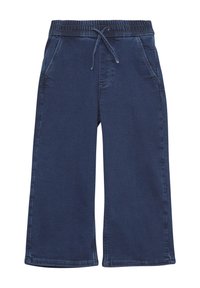 Donkerblauwe denim culottes met een elastische tailleband en trekkoord, voorzien van twee zijzakken en een brede, losse pasvorm.