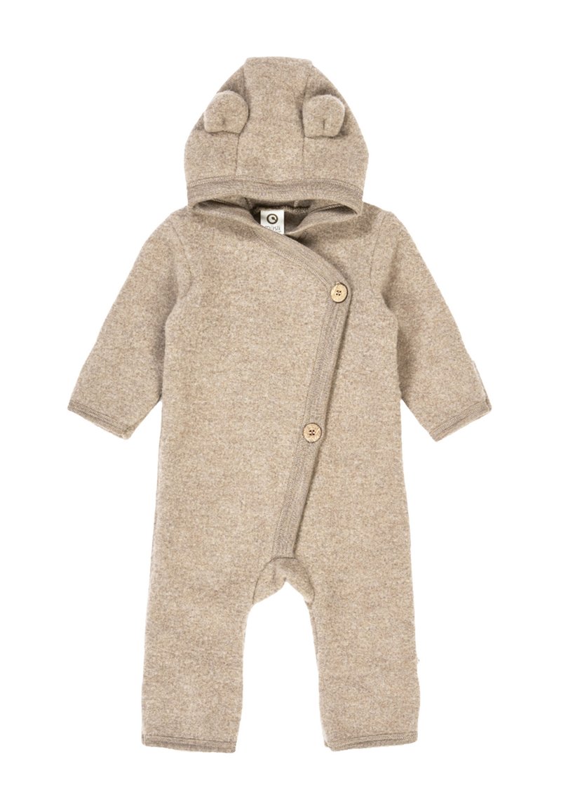Beige babybody lavet af tekstureret stof, med hætte med bjørneører, lange ærmer og lukning med træknapper.