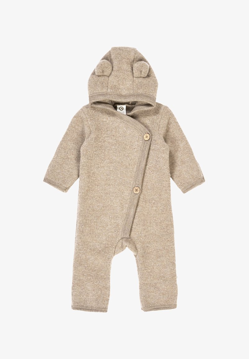 Body beige pour bébé en tissu texturé, doté d'une capuche avec des oreilles d'ours, de manches longues et d'une fermeture à boutons en bois.