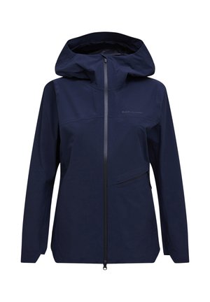 Navy blue waterproof jacket with hood, front zipper, and zippered side pocket, designed for outdoor wear.