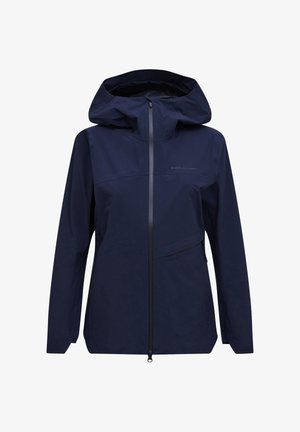Navy blue waterproof jacket with hood, front zipper, and zippered side pocket, designed for outdoor wear.