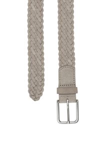 Geflochtener grauer Wildledergürtel mit flachem Ende und einer silberfarbigen Metallschnalle. Verfügt über eine glatte Textur und integrierte Lederdetails.