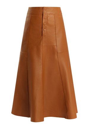 Jupe en cuir marron avec un design évasé, présentant une taille haute et des boutons détaillant le devant. Texture lisse et forme structurée.