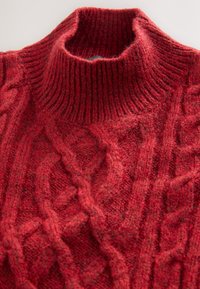 Pull en laine rouge profond à torsades, avec un col montant côtelé, un motif texturé et une finition douce. Remarquable pour sa chaleur et son design.
