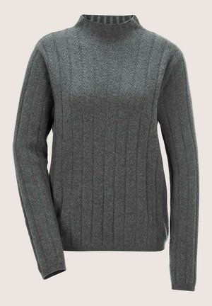 Gray knit sweater featuring a high neck, textured zigzag pattern, and ribbed cuffs. Constructed from a soft, warm, and lightweight fabric.