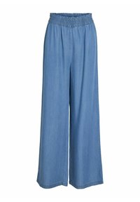 Pantaloni di jeans a gamba larga in azzurro chiaro con vita elasticizzata, caratterizzati da una texture liscia e senza tasche o dettagli visibili.