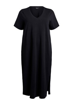 Czarna sukienka o krótkim rękawie i dekolcie w kształcie litery V w luźnym fasonie. Wykonana z miękkiego materiału z bocznymi rozporkami, sięgająca do połowy łydki. Prosty design.