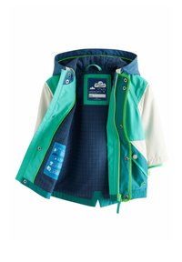 Wasserdichte Jacke mit einer Mischung aus türkisfarbenen, weißen und marineblauen Materialien, einem strukturierten Innenfutter und grünen Akzentdetails.