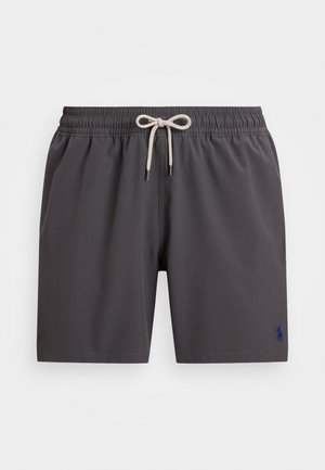 Dunkelgraue Schwimmshorts mit einem elastischen Bund, beigem Kordelzug und einem kleinen blauen Logoakzent auf der linken unteren Seite.