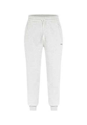 Light gray sweatpants with an elastic waistband, adjustable drawstring, side pockets, and ribbed cuffs. Made from soft cotton blend material.