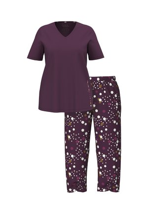 Lila V-Ausschnitt-Oberteil kombiniert mit gemusterten Hosen, die mehrfarbige Punkte in Weiß, Pink und Braun aufweisen. Hergestellt aus weichem Stoff mit einem elastischen Taillenbund.