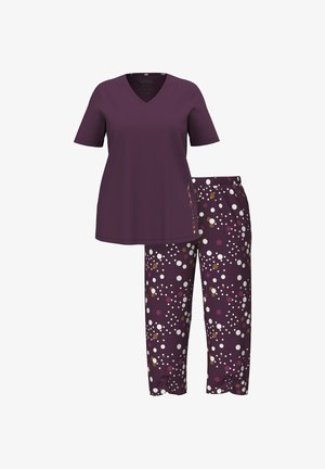 Fioletowa bluzka w serek połączona z wzorzystymi spodniami z wielokolorowymi kropkami w bieli, różu i brązie, uszytymi z miękkiego materiału z elastyczną talią.