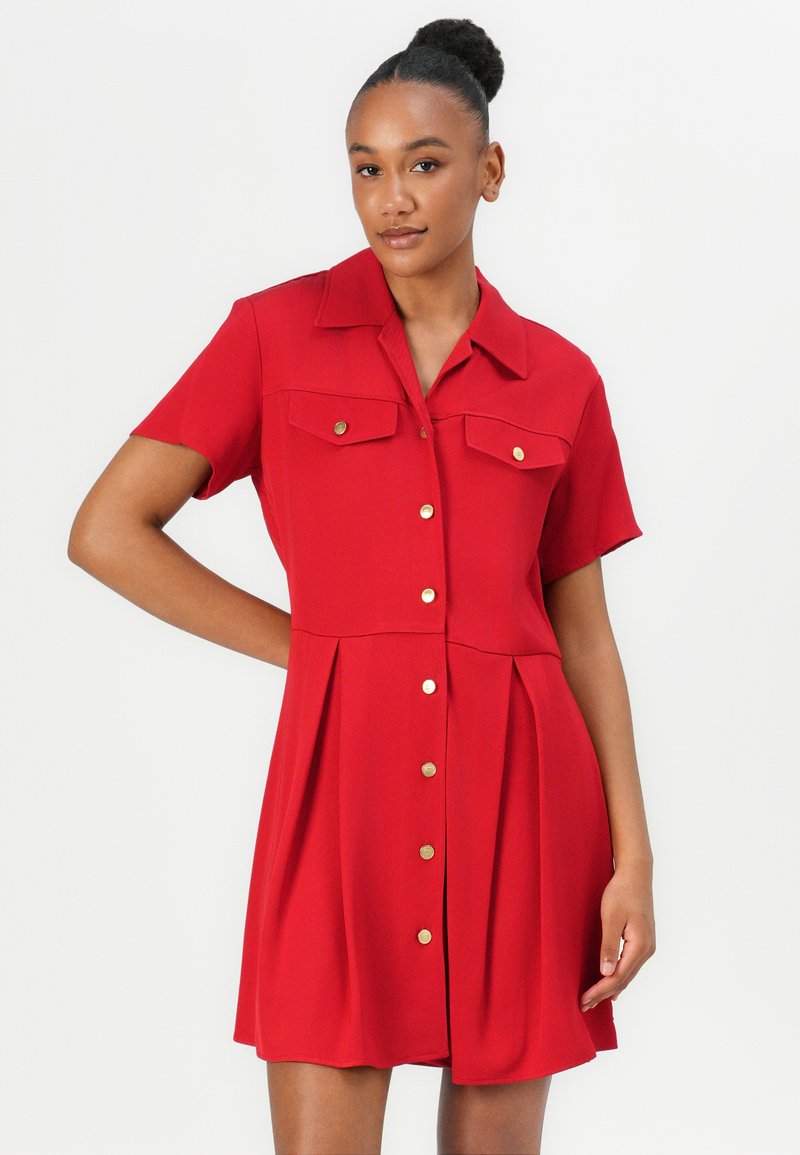 slim fit dress slacks Red Tweed Front Patch Pocket Gold Button Sleeveless Dress – SSYS main image 1