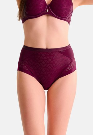 Culotte taille haute bourgogne avec un motif géométrique et des panneaux latéraux en maille transparente. Texture douce et ceinture élastique pour un confort optimal.
