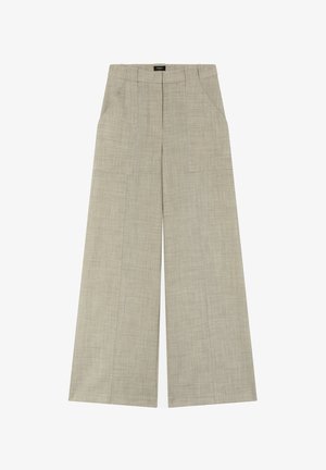 Svijetlosivi hlače širokih nogavica izrađene od teksturiranog materijala s dva bočna džepa i ravnim, krojenim prednjim dijelom.