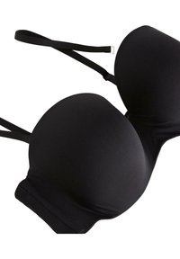 Soutien-gorge rembourré noir avec des bretelles ajustables, tissu lisse et design sans couture. Comprend une fermeture à crochets et une texture douce.
