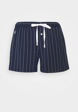 Marinblå randiga badshorts tillverkade av mjukt tyg, med dragsko i midjan, knappstängning och vita ränder för kontrast.