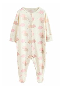 Baumwoll-Spielanzug für Babys in Creme mit pastellrosa und beigen Wolkenmustern, langen Ärmeln, Füßen und Druckknopfverschluss.