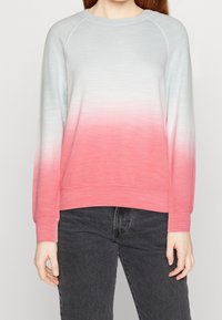 Vrouw in een langmlinige sweatshirt met een lichtblauwe naar roze ombre ontwerp en zwarte spijkerbroek, weergegeven van schouders tot heupen.
