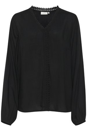 Črna bluzica z dolgimi rokavi in V-izrezom, okrašena z zapletenim čipkastim obrobom ob izrezu in sprednjem delu. Narejena iz lahkega materiala z nabranimi rokavi.