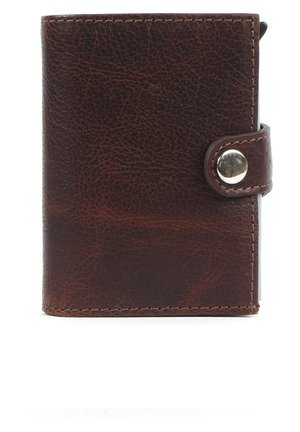 Brown leather wallet with a textured surface, fold-over design, and snap closure. Features visible stitching along the edges.