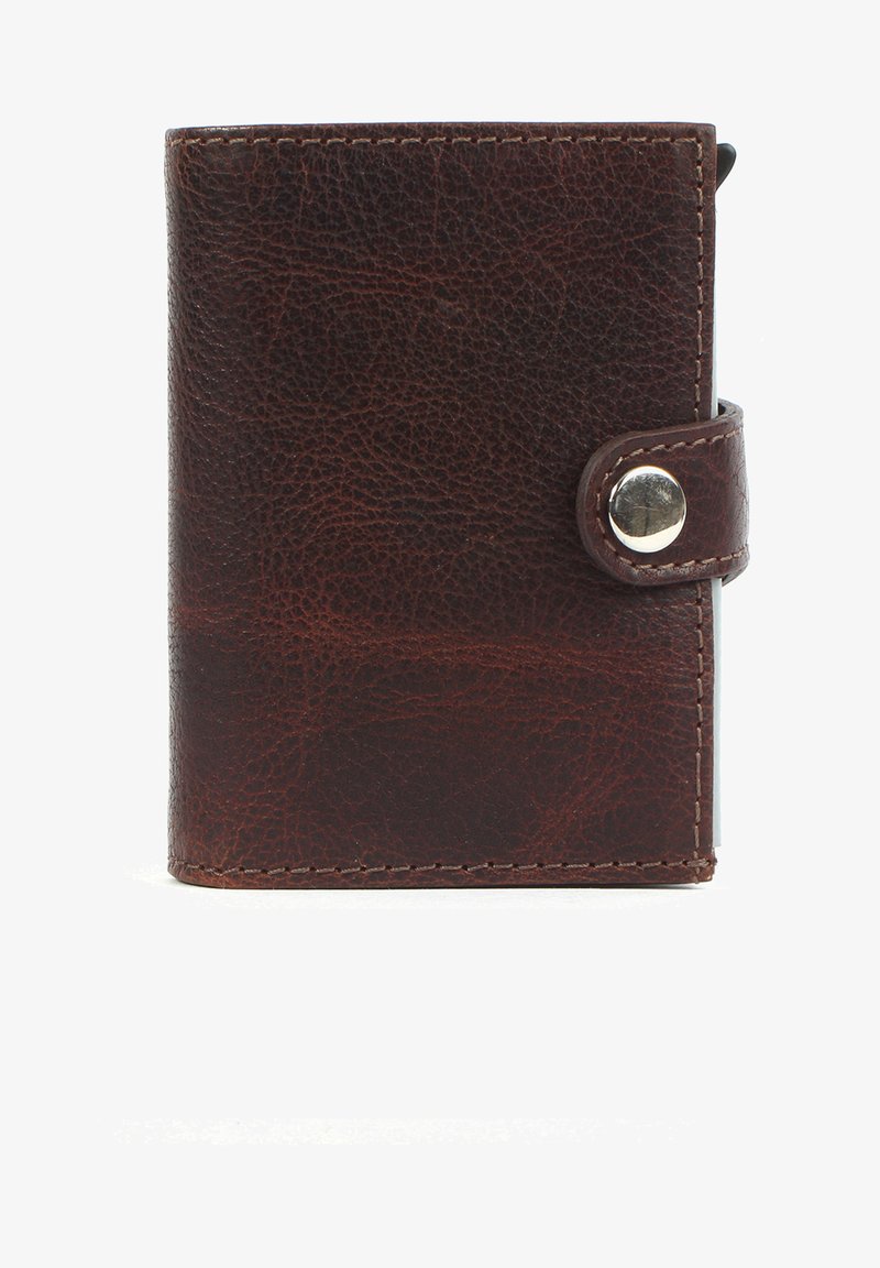 Brown leather wallet with a textured surface, fold-over design, and snap closure. Features visible stitching along the edges.
