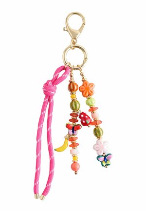 Keychain with gold clasp, pink knotted cord, and two beaded strands featuring flowers, butterflies, a strawberry, and a banana charm.