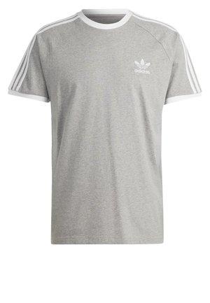 Grijs Adidas T-shirt met witte ronde hals, drie witte strepen op de mouwen en Adidas-logo op de borst.