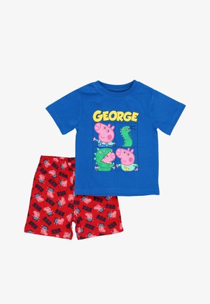 Børnepyjamas sæt med en blå bomulds-T-shirt med tegneseriefigurer og røde shorts med mønster af lyserøde grisillustrationer.