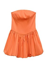 Rochie portocalie fără bretele, cu un corset ajustat și o fustă plisată. Confecționată dintr-un material fin, având pliseuri la talie pentru volum.