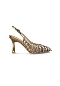 Scarpa con tacco alto e cinturino posteriore con finitura metallica dorata, caratterizzata da un design a strisce e accenti decorativi argentati sulla punta.