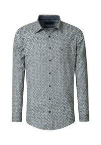 Long-sleeve button-up shirt in a blue, white, and beige geometric pattern, made of lightweight fabric with a neat collar and dark buttons.