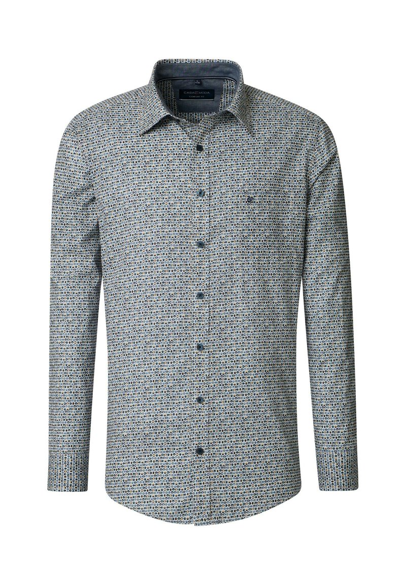 Long-sleeve button-up shirt in a blue, white, and beige geometric pattern, made of lightweight fabric with a neat collar and dark buttons.